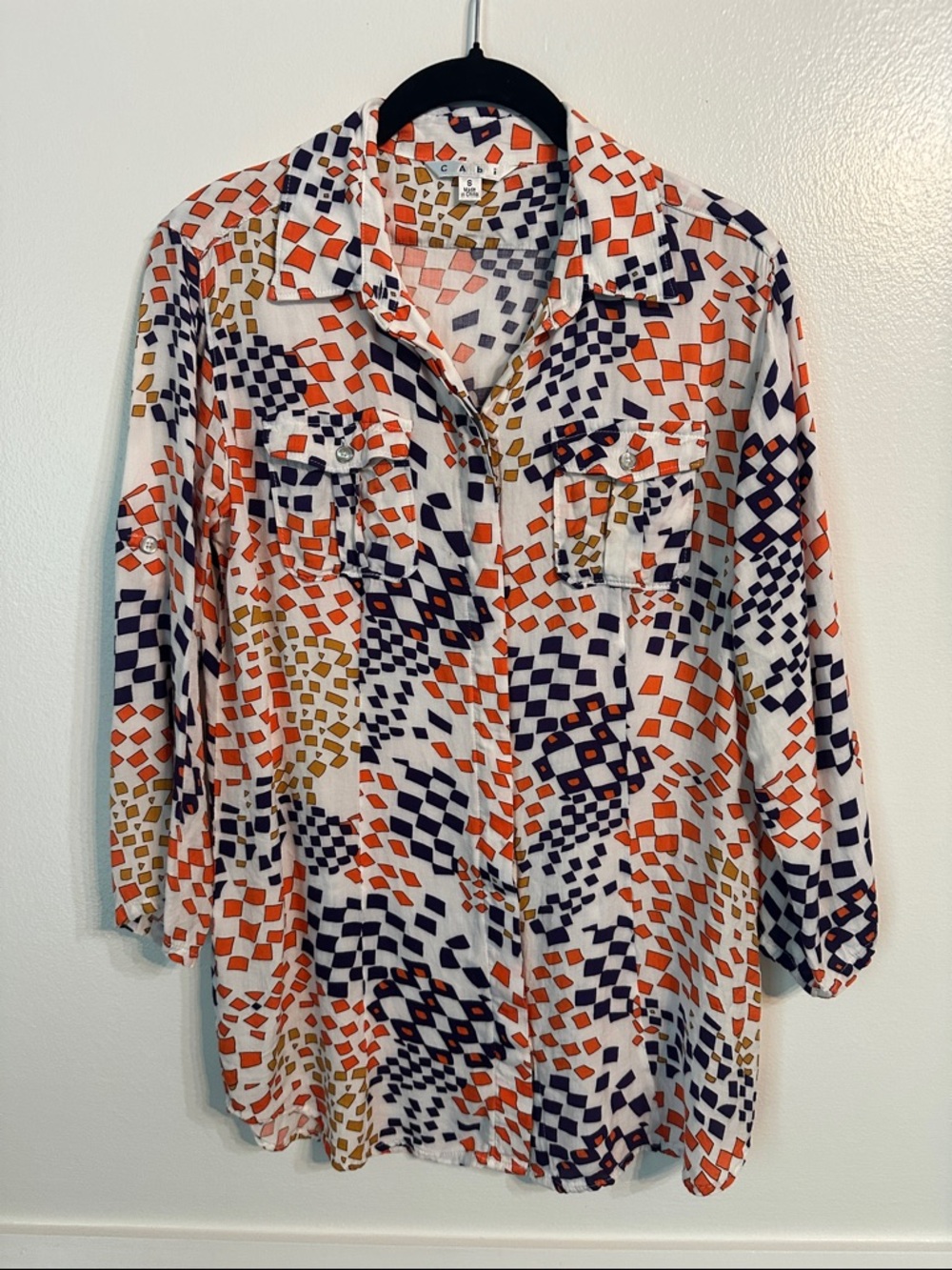 CAbi Geometric Button-Down Shirt - Navy, Orange & Gold Size S